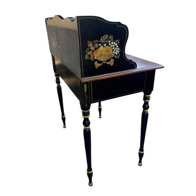 Early 20th Century Ethan Allen Hitchcock Style Stenciled & Ebonized Ladies Writing Desk and Woven Rush Seat For Sale In South Bend - Image 6 of 11