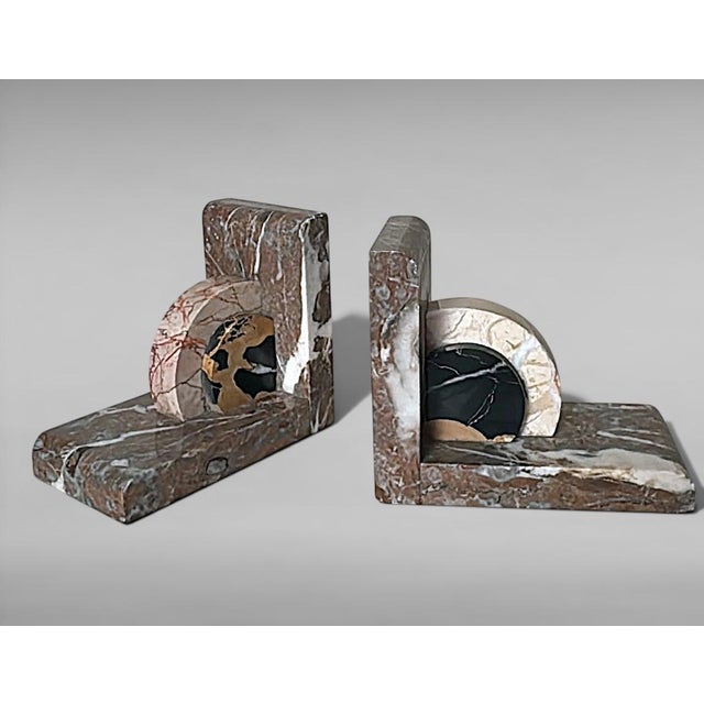 Art Deco Pair of French Art Deco Bookends in Polychrome Marble For Sale - Image 3 of 18