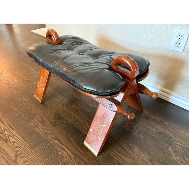 Vintage South Asian Brass-Inlaid Wood Camel Saddle Stool For Sale - Image 4 of 5