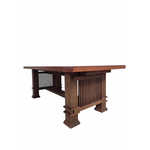 Brown Late 20th Century Custom Arts and Crafts Mission Style Oak Dining Table With Six High-Back Chairs For Sale - Image 8 of 12