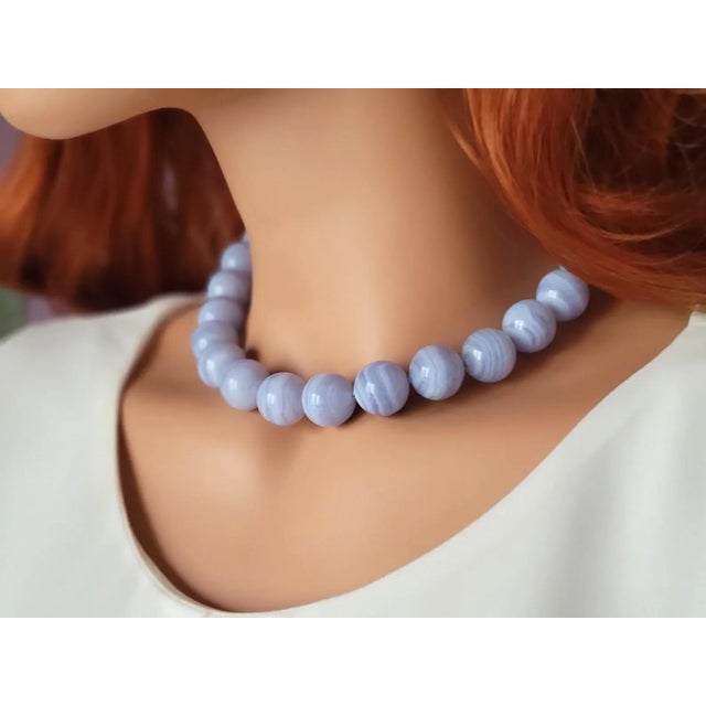 Early 21st Century Natural Blue Lace Agate Necklace, 16mm Round Beads, 17.5″ For Sale - Image 5 of 8