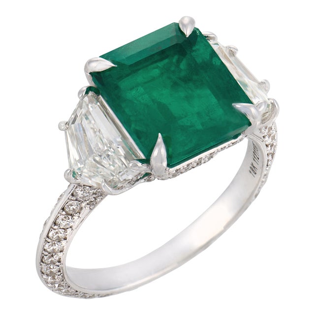 Lugano Agl 3.41 Carat Colombian Emerald Diamond 18k White Gold Ring, Size 6 For Sale
