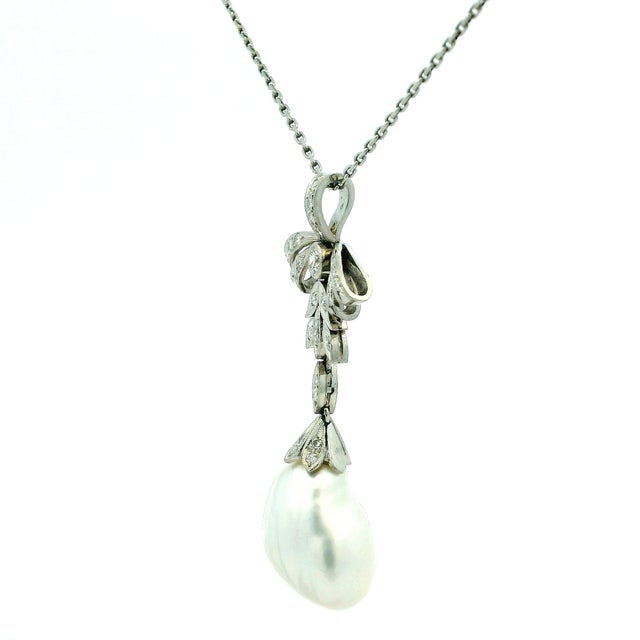 Metal Vintage Platinum Diamond and 18mm Baroque Pearl Drop Necklace For Sale - Image 7 of 11
