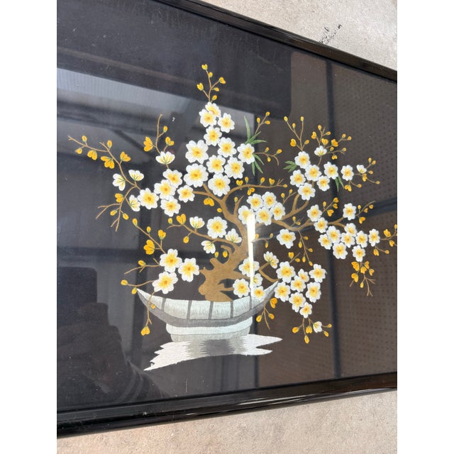 Asian Vintage Asian Needlepoint on Black Silk Hand Made Floral Art Framed 23.5x19.5 For Sale - Image 3 of 5