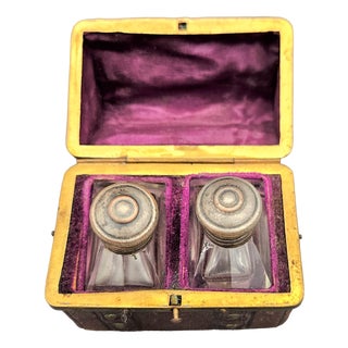Travel Set with Lined Suitcase and Antique Perfume Bottles, 1850s, Set of 3 For Sale
