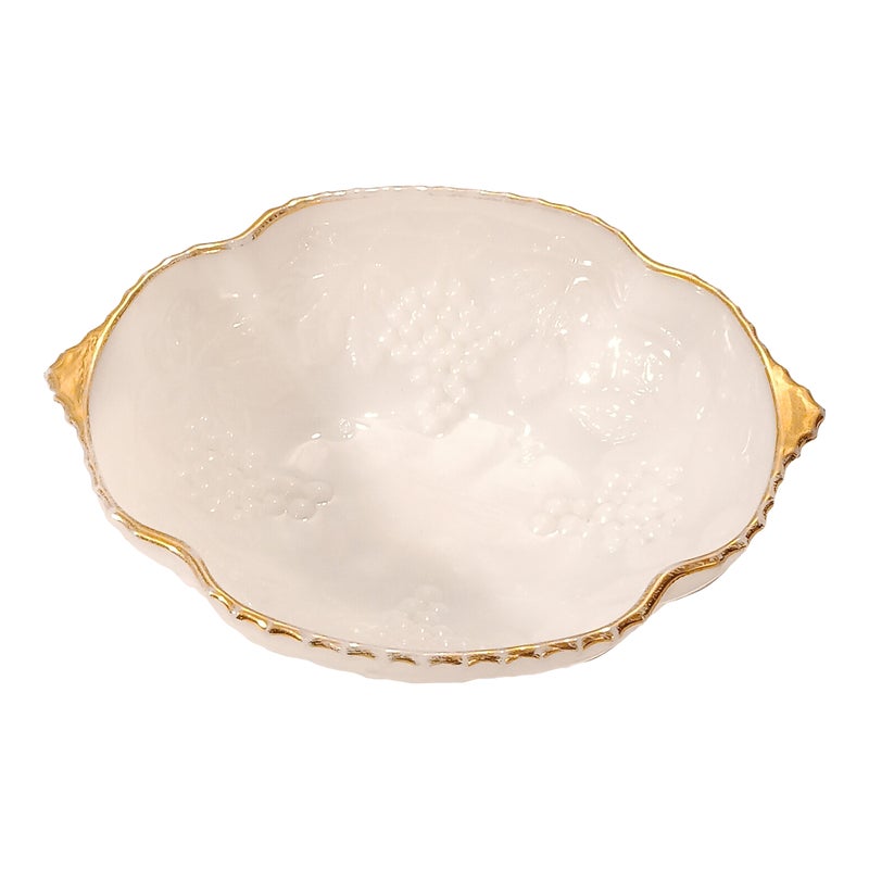 Vintage Anchor Hocking Grape And Vine Milk Glass Serving Bowl With Gold Gilt