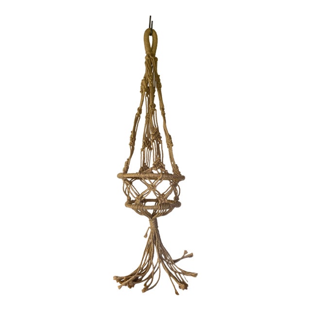 Vintage Boho Macramé Plant Hanger in Natural Fiber — Large Hanging Planter, 1970s For Sale