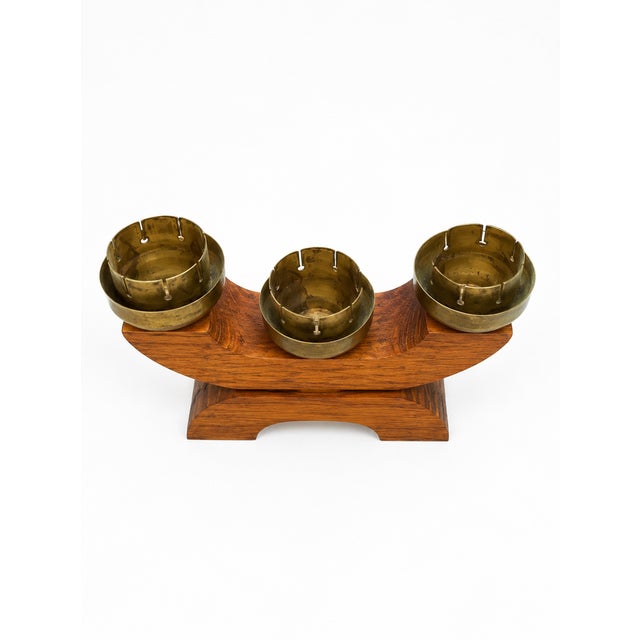 Art Deco European Three Flame Hardwood and Heavy Brass Candlestick, 1930s For Sale - Image 3 of 7