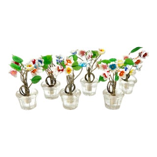 1950s Czech Art Glass Flower Place Card Holders – Miniature Potted Bouquets – Set of 6 For Sale