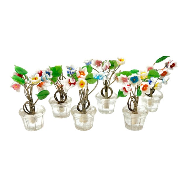 1950s Czech Art Glass Flower Place Card Holders – Miniature Potted Bouquets – Set of 6 For Sale