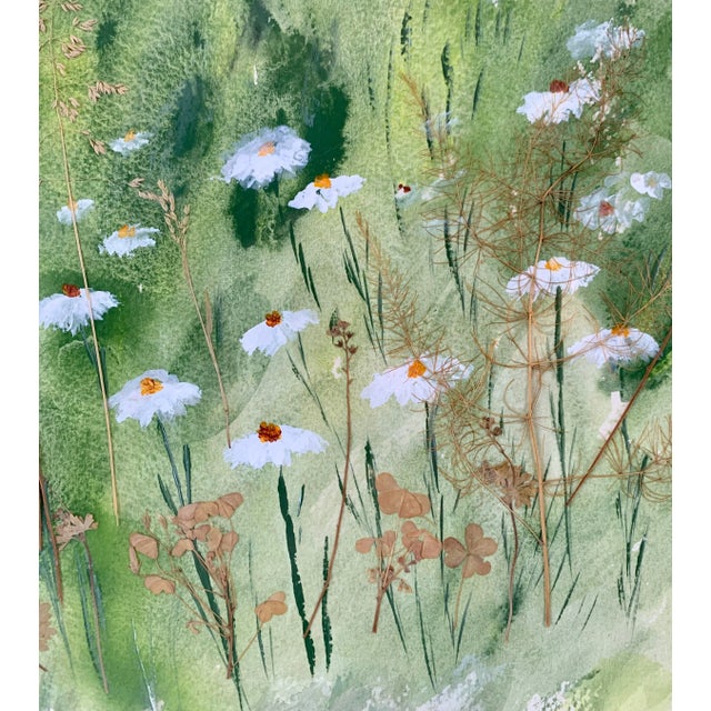 Green 1981 J. Cupp Wildflower Watercolor Collage With Pressed Flowers- in Brass Frame For Sale - Image 8 of 11