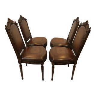 1980s Vintage Jacobean Style Carved Walnut & Leather Side Dining Chairs- Set of 4 For Sale
