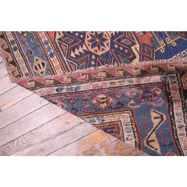 Textile 1890s Red Blue Tribal Geometric Antique Caucasian Sumak Rug 7'6" X 10'6" Flatweave Wool Carpet For Sale - Image 7 of 7