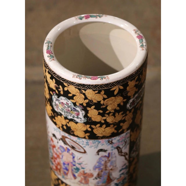 Ceramic Mid-Century Chinese Painted & Gilt Famille Rose Porcelain Umbrella Stand For Sale - Image 7 of 9