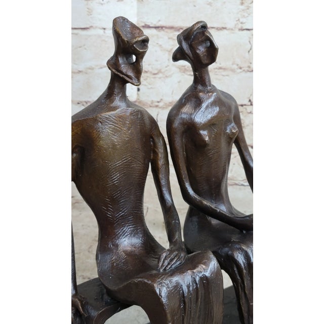 Brown Mid 20th Century King and Queen by Henry Moore Abstract Surreal Man & Woman on Bench Statue Sculpture 12" x 9" For Sale - Image 8 of 10