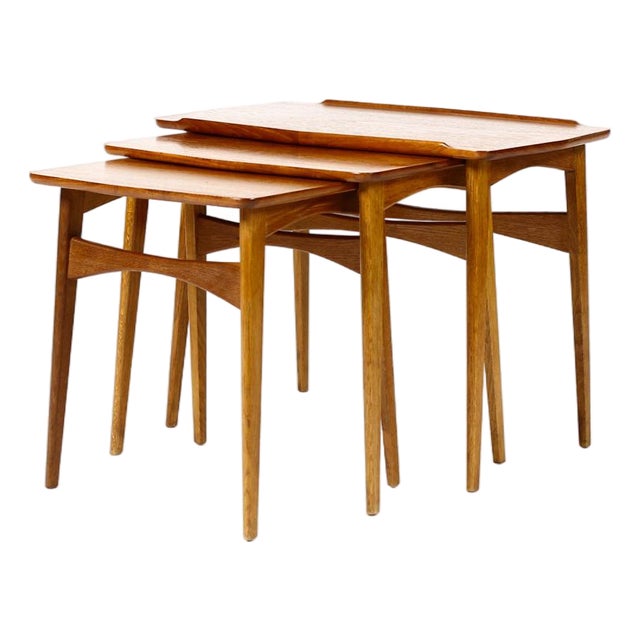 Danish Modern Mid Century Vintage Teak + Oak Nesting Tables — Set of Three — Attributed to Svend Aage Madsen For Sale