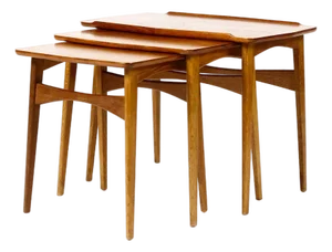 Danish Modern Mid Century Vintage Teak + Oak Nesting Tables — Set of Three — Attributed to Svend Aage Madsen