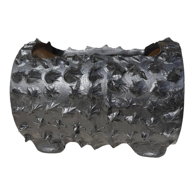 Mid 20th Century Black Brutalist Faux Bois Concrete Log Planter With Sculptural Bark Texture For Sale