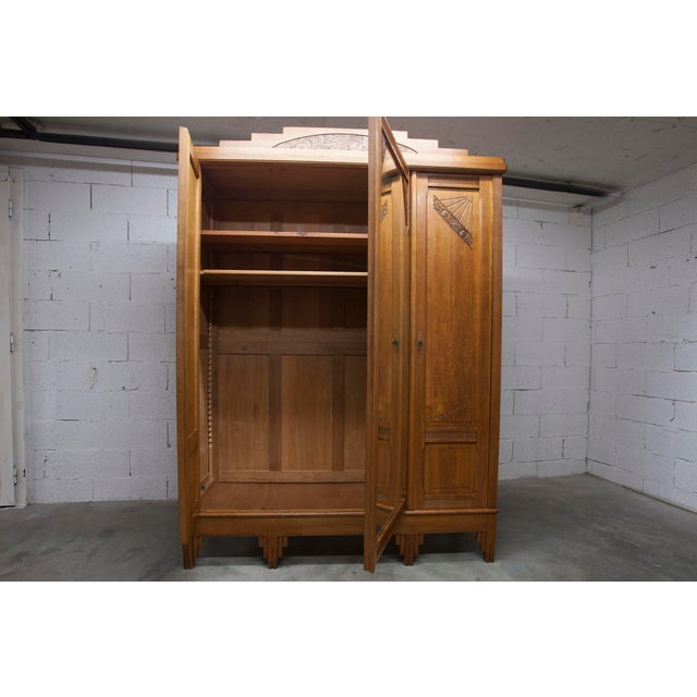 Art Deco Wardrobe in Carved Oak, 1930s For Sale - Image 17 of 18