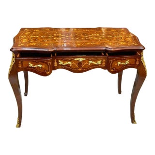 French Style Console Table / Desk – Brown Finish With Gold Leaf For Sale