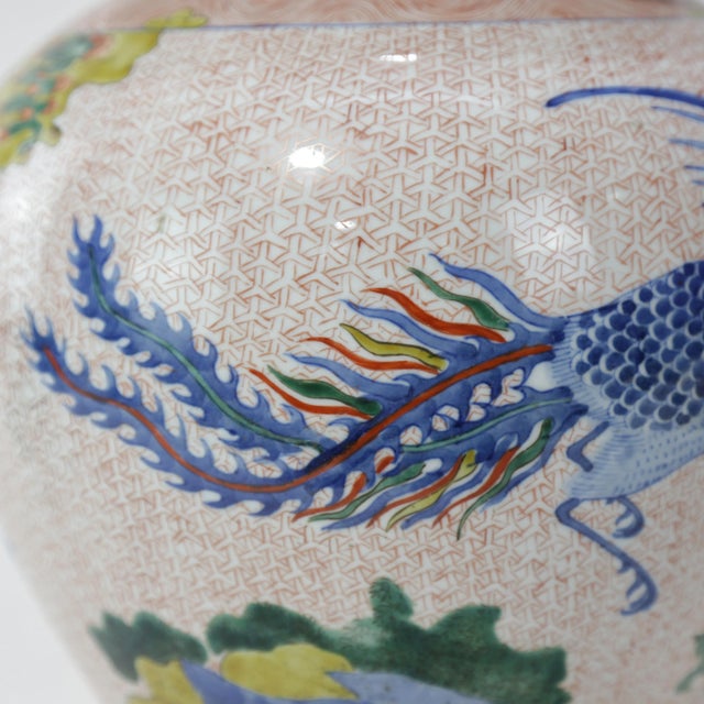 Pair of Chinese Late Qing Dynasty, Jingdezhen Kiln, Famille Verte Covered Jar With Kirin and Phoenix on Iron-Red Brocade Ground For Sale - Image 12 of 16