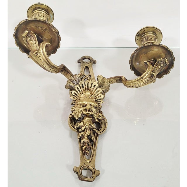 Pair Antique French Gothic Revival Style Bronze Wall Sconces W. North Wind Face For Sale - Image 13 of 14