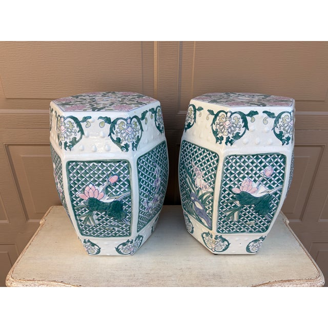 Pink Chinoiserie Floral Green and Pink Porcelain Garden Stools or Side Tables, Pair For Sale - Image 8 of 10