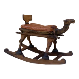 Antique Carved Turkish Wood Camel Rocker With Leather Cushion Seat