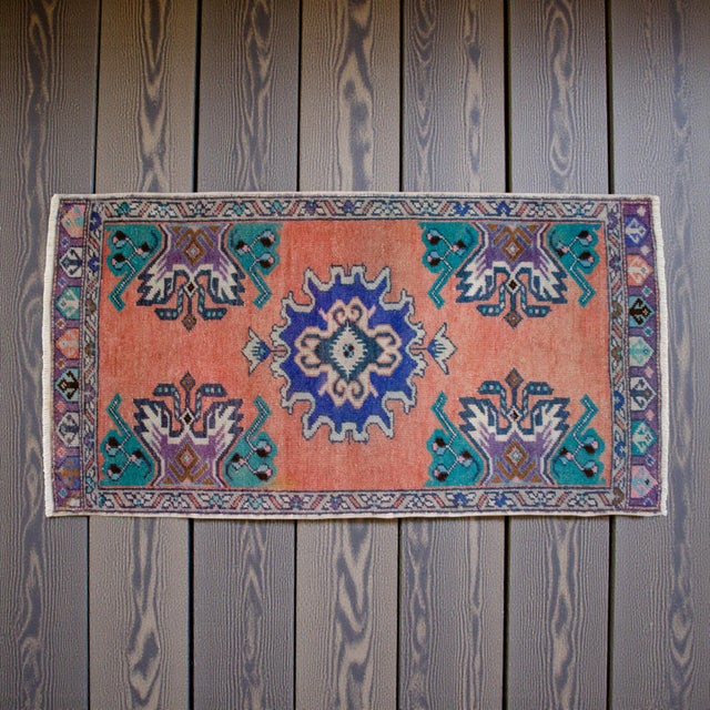 Shabby Chic Hand Knotted Low Pile Wool Turkish Small Rug Faded Mat Entry Decor, Bath Mat - 1'8'' X 3' For Sale - Image 3 of 14