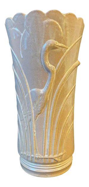 Vintage Artisan Sculpted Ceramic Vase With Crane in Grass Valley