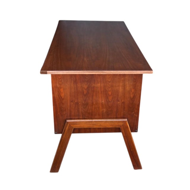 Restored 1960s Danish Modern Walnut Desk – Sculptural a-Frame Legs & Storage For Sale - Image 12 of 16