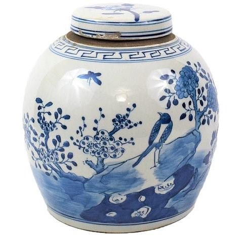 This beautiful medium sized blue & white Chinese porcelain ginger jar. This rounded jar has a scene of beautiful long...
