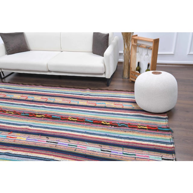 Vintage Turkish Oushak Handmade Wool Cotton Blue Kilim Area Rug For Sale - Image 4 of 11