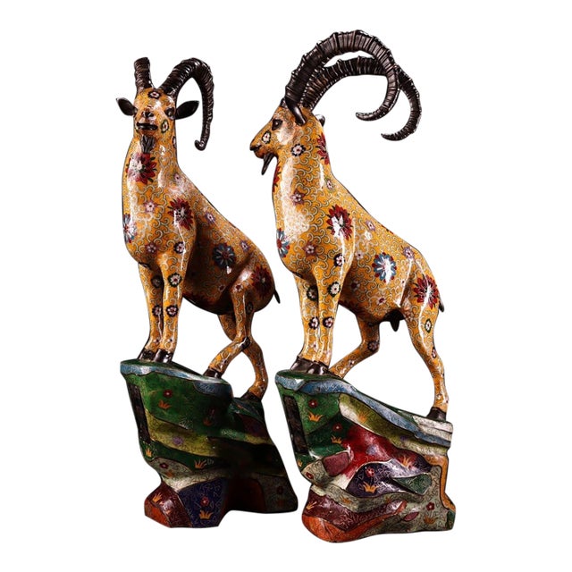 Late 20th Century Pair of Gilt Bronze Cloisonné Enamel Ram Figures on Rockery Bases For Sale