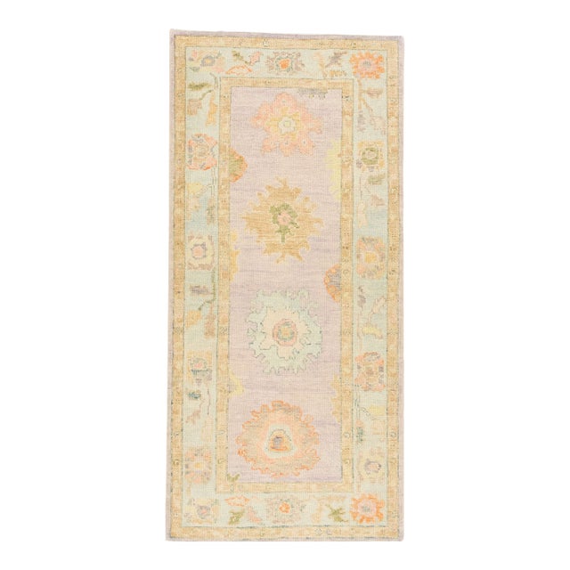 Turkish Oushak Runner Lavender & Pastel Gold Handwoven Wool Rug 3'2" X 6'10" For Sale
