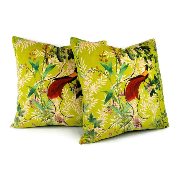 Modern Mind the Gap Royal Garden in Green Pillow Cover - Chartreuse With Wild Bird Pattern Printed Velvet For Sale - Image 3 of 5