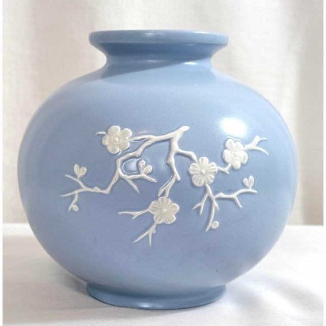 English Vintage Copeland Spode England Blue Vase With White Floral Relief For Sale - Image 3 of 6