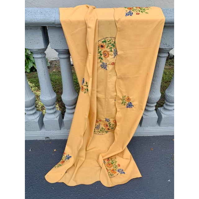 Vintage Handcrafted Hungarian Embroidered Mustard Autumnal Tablecloth 49” X 68” For Sale In Miami - Image 6 of 12