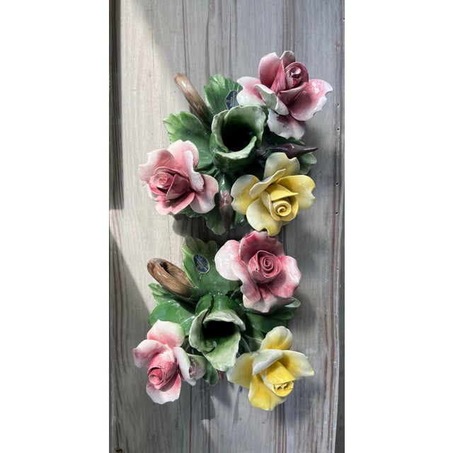Ceramic Mid-Century Italian Capodimonte Ceramic Flower Candlestick Holders With Finger Loops-Set of 2 For Sale - Image 7 of 11