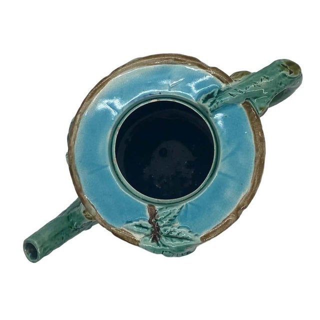 Holdcroft Majolica Blackberry on Tree Trunk Teapot, Turquoise Blue Cover C. 1877 For Sale - Image 9 of 13
