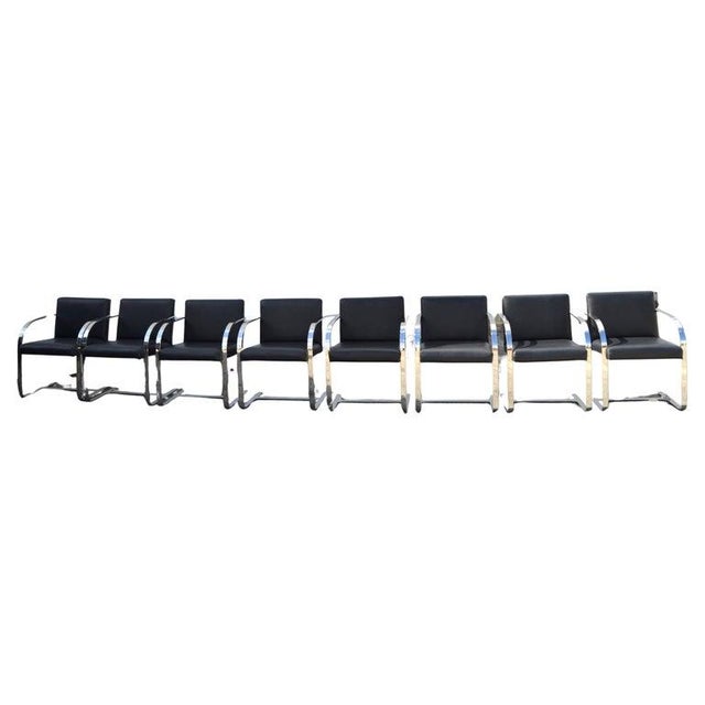 1970s Set 8 Attributed to Mies Van Der Rohe for Knoll Stainless Steel Brno Chairs Black Leather 1977 For Sale - Image 5 of 18