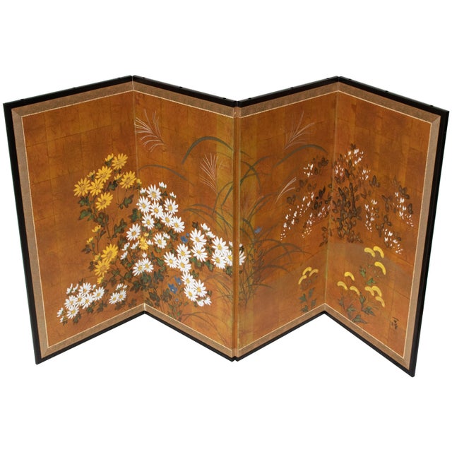 Lovely Japanese painted 4-panel byobu (folding screen) "Akigusa" (Autumn Flowers). Signed and sealed by artist. Gouache,...