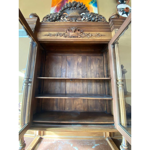 Antique French Renaissance Style Heavily Carved Walnut Buffet Hutch With Glass Doors (Jg) For Sale - Image 14 of 16