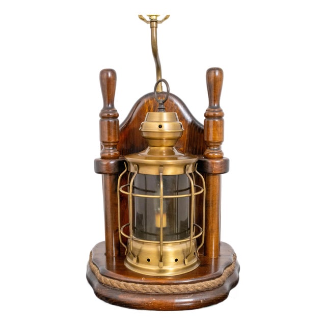 Large Marine Nautical Wooden Table Lamp With Brass Lantern For Sale