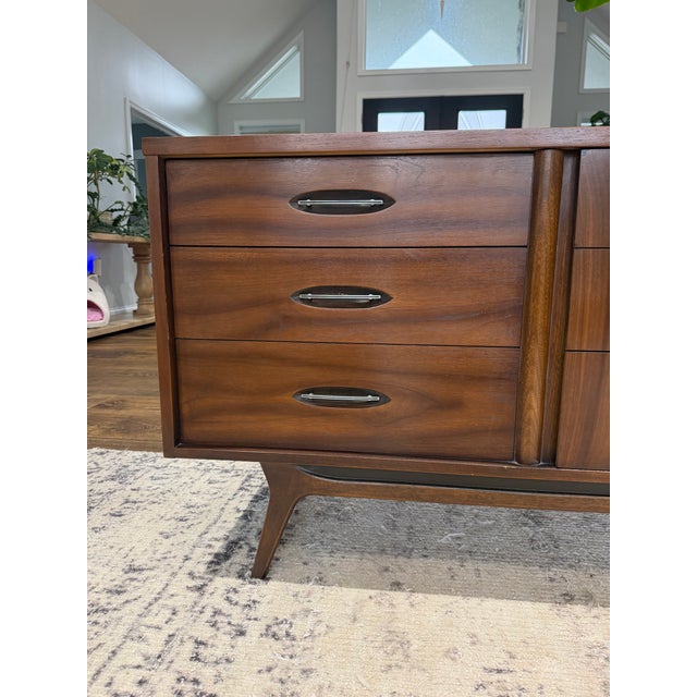 Vintage Mid-Century Modern Walnut Long Dresser With Mirror Kent Coffee Style For Sale - Image 6 of 16