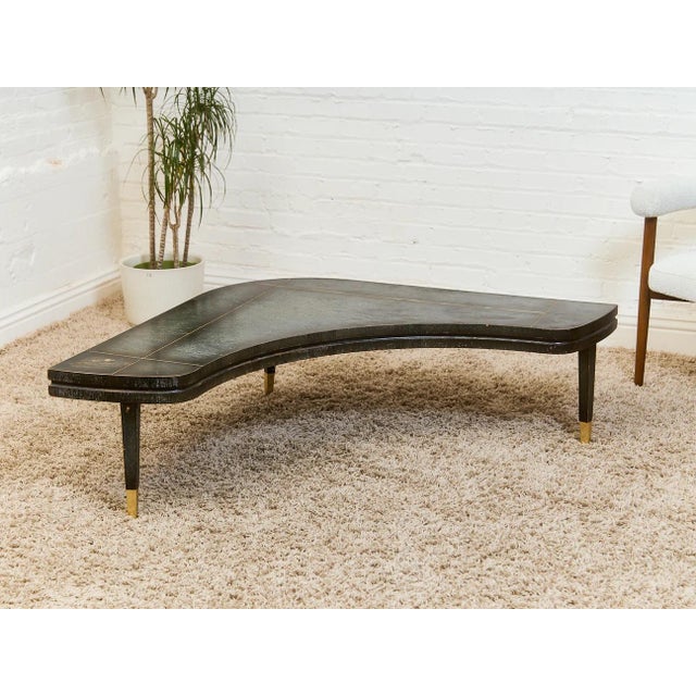 Mid 20th Century Curved Black Cerrused Distressed Coffee Table With Brass Accents For Sale - Image 10 of 12