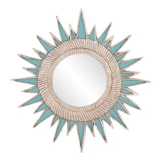 Turquoise Resin and Silver Leaf Convex Mirror in the Manner of Line Vautrin For Sale