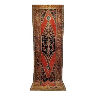 Antique Persian Bidjar Wide Runner, Hand-Knotted Wool, Geometric Pattern, Terracotta & Navy, 4x11 For Sale