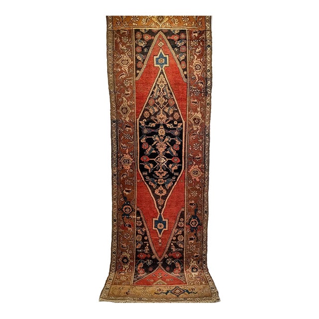 Antique Persian Bidjar Wide Runner, Hand-Knotted Wool, Geometric Pattern, Terracotta & Navy, 4x11 For Sale