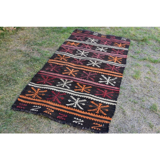 1960s Traditional Black Primitive Handmade Wool Turkish Kilim Rug For Sale - Image 4 of 13